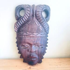 1950 Vtg Hand-Carved African Tribal Art Wood Mask Wall Decor Mahogany Signed